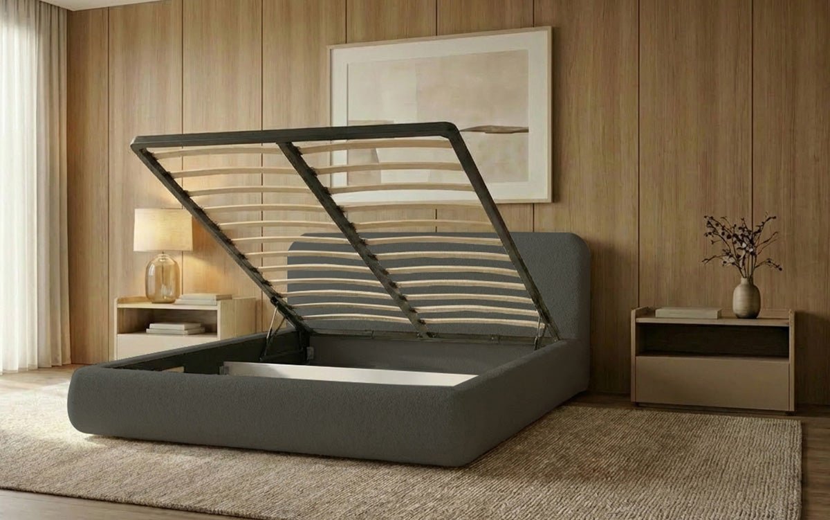 Designer Polsterbett Arosa in Bouclé mit Stauraum