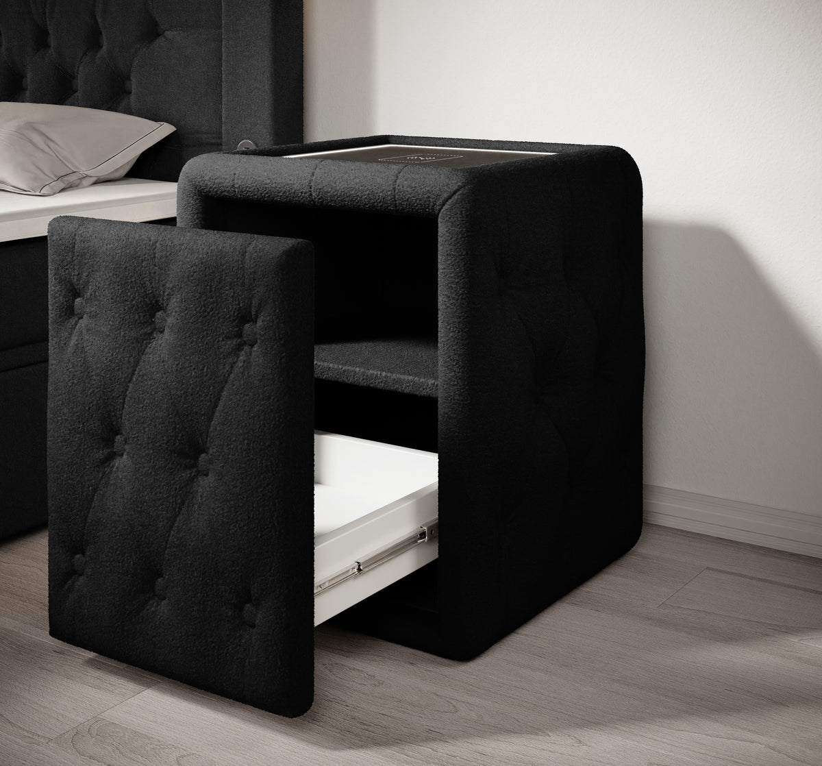 Josy Nachttisch Boucle Schwarz open