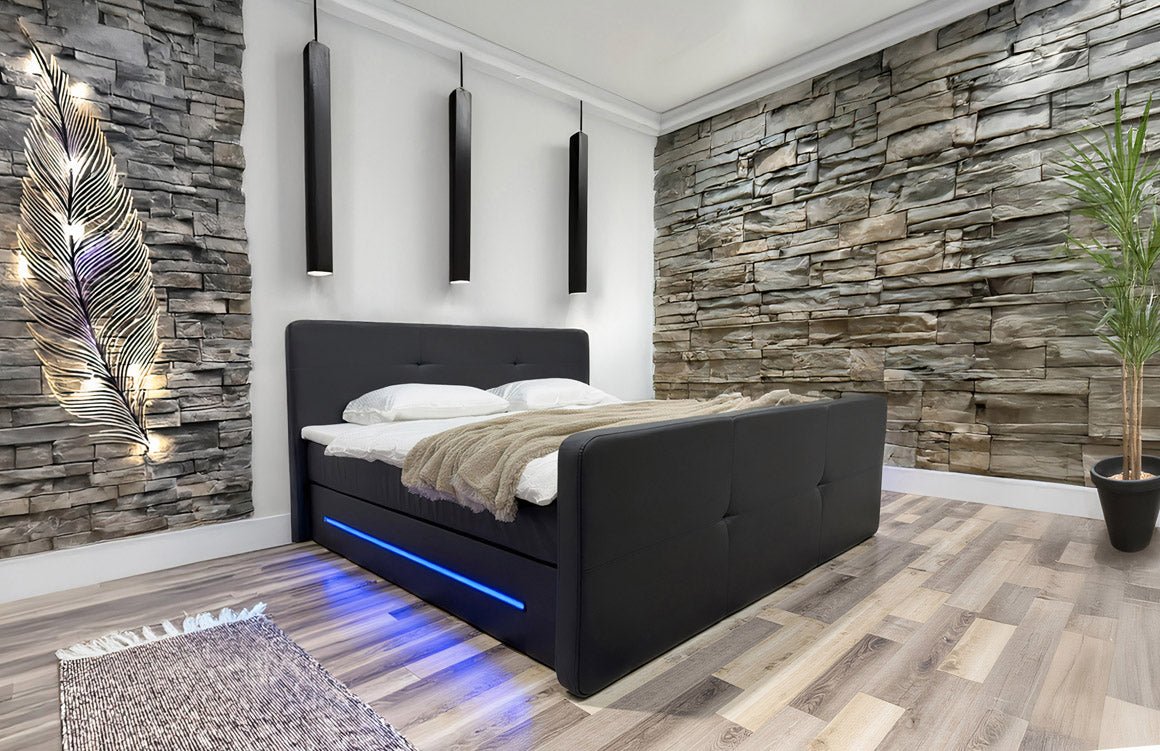 OUTLET - Boxspringbett Oakland mit LED Kunstleder / 180x200 / Schwarz / H3