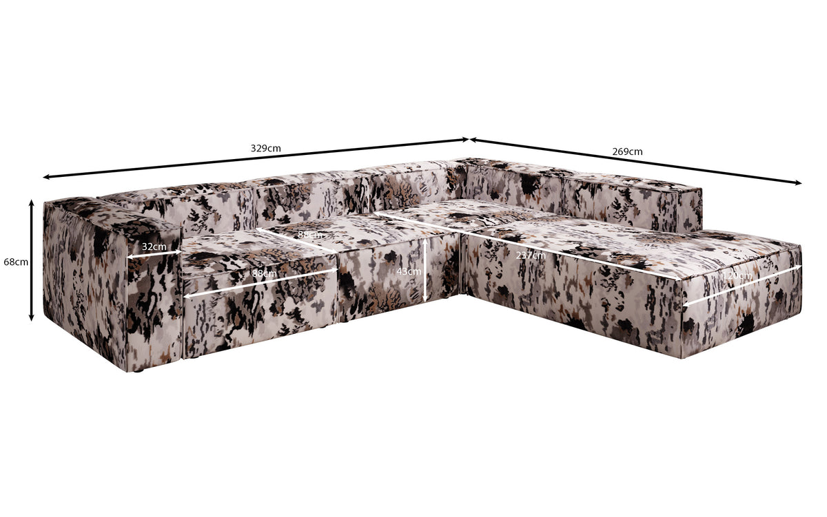 Designer Ecksofa Lesley mit langer Ottomane - Jacquard mit Aquarell-Muster