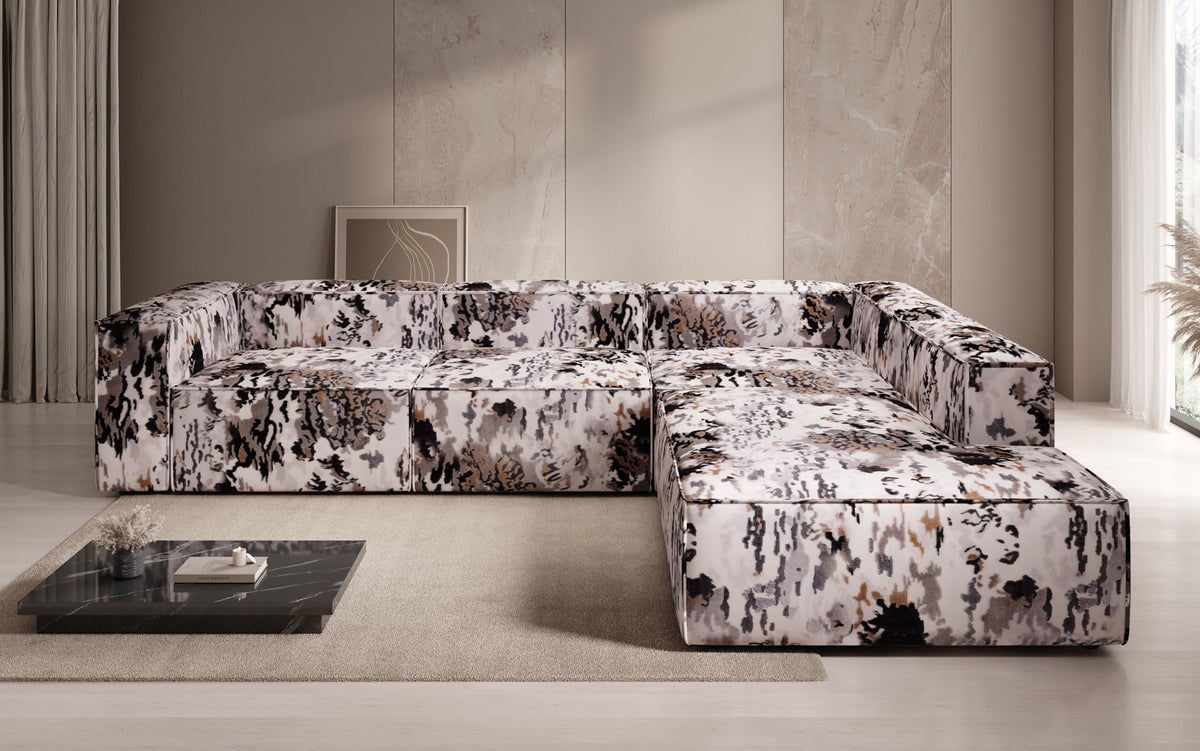 Designer Ecksofa Lesley mit langer Ottomane - Jacquard mit Aquarell-Muster
