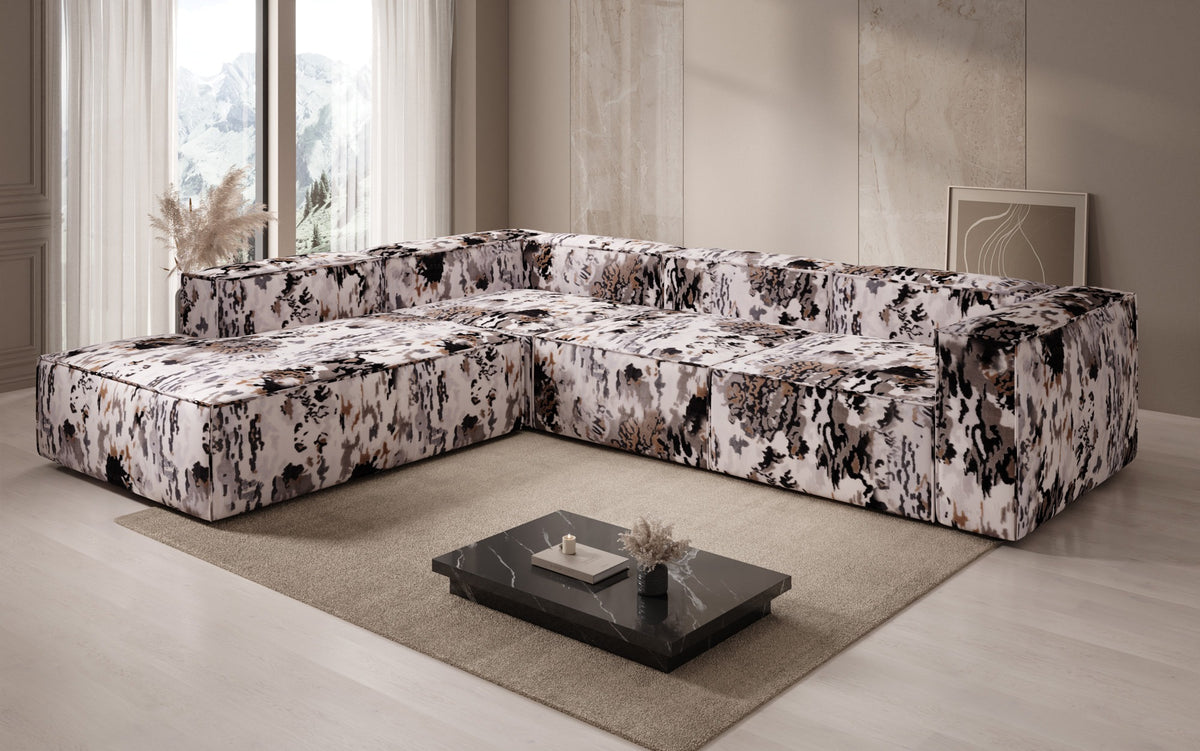 Designer Ecksofa Lesley mit langer Ottomane - Jacquard mit Aquarell-Muster