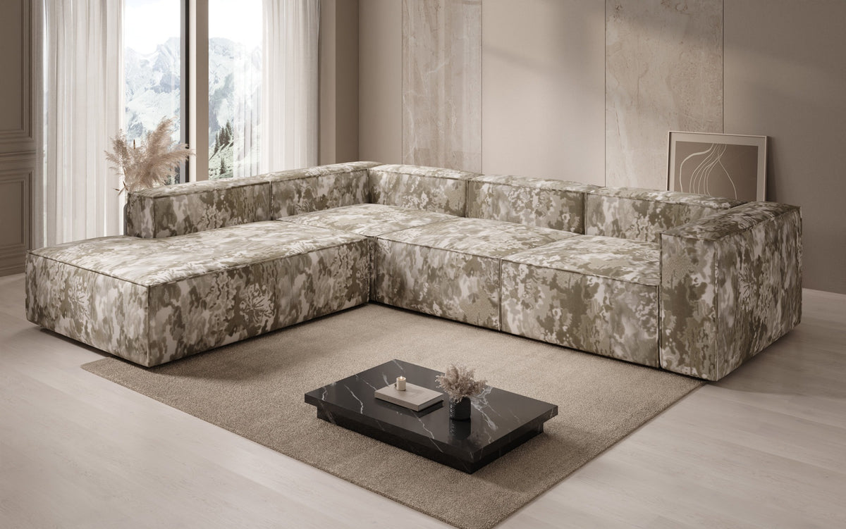 Designer Ecksofa Lesley mit langer Ottomane - Jacquard mit Aquarell-Muster