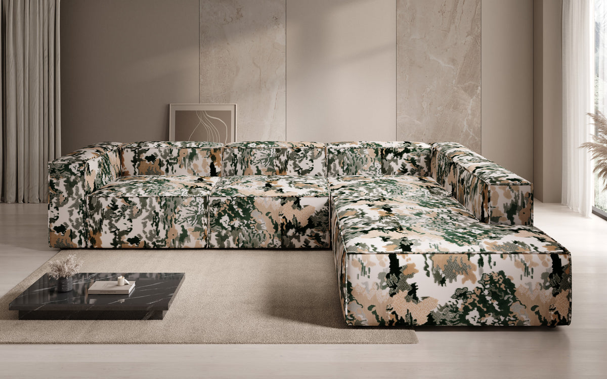 Designer Ecksofa Lesley mit langer Ottomane - Jacquard mit Aquarell-Muster