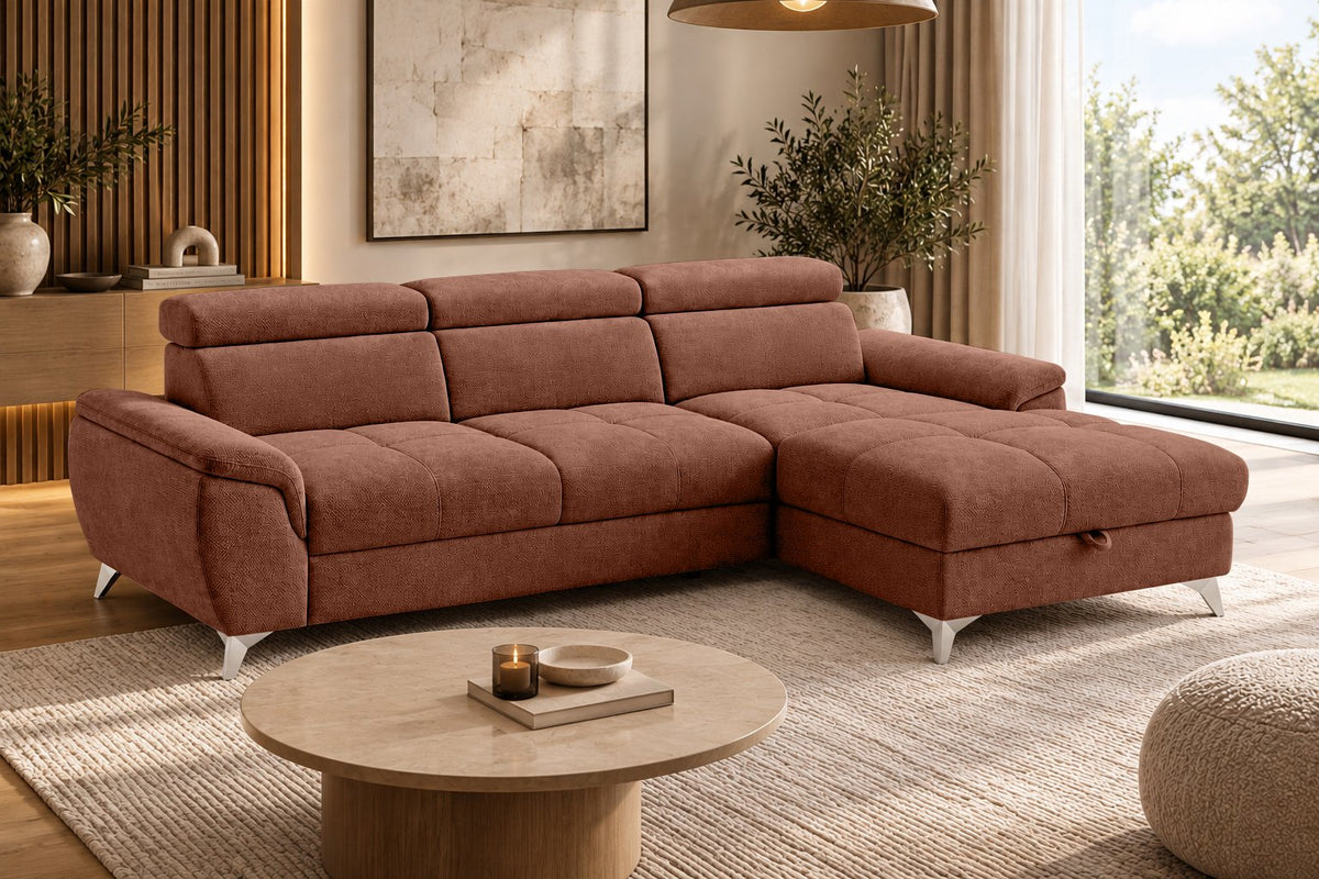 Ecksofa Luno in Strukturstoff Terrakotta – Wohnansicht