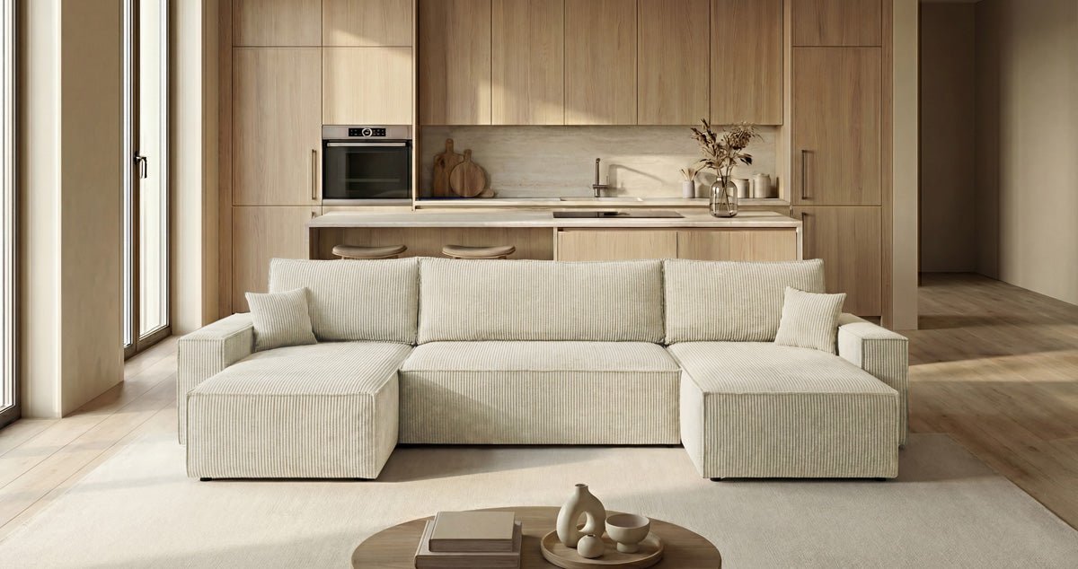 Designer Sofa Lunaro U Mini mit Schlaffunktion und Stauraum in Cord