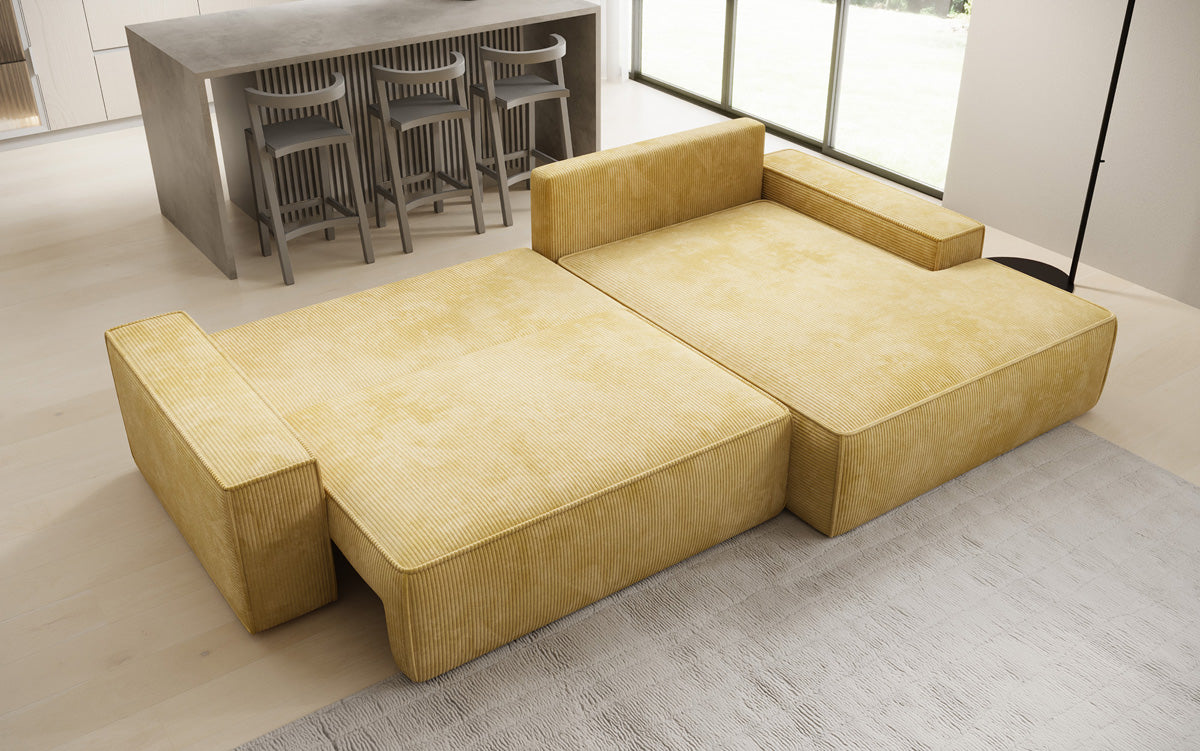 Designer Ecksofa Verona mit breiter Ottomane mit Schlaf- und Klappfunktion in Cord