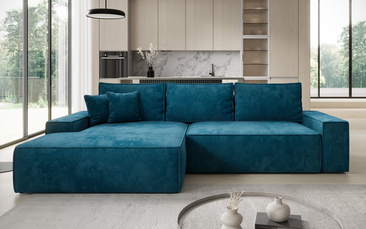 Designer Ecksofa Verona mit breiter Ottomane mit Schlaf- und Klappfunktion in Cord
