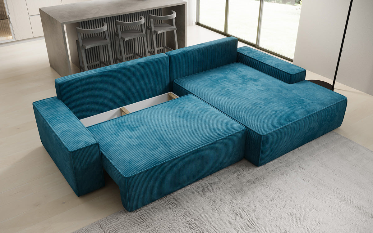 Designer Ecksofa Verona mit breiter Ottomane mit Schlaf- und Klappfunktion in Cord