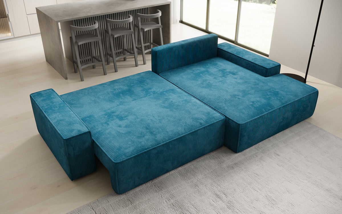 Designer Ecksofa Verona mit breiter Ottomane mit Schlaf- und Klappfunktion in Cord