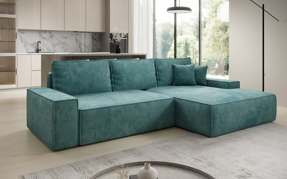 Designer Ecksofa Verona mit breiter Ottomane mit Schlaf- und Klappfunktion in Cord