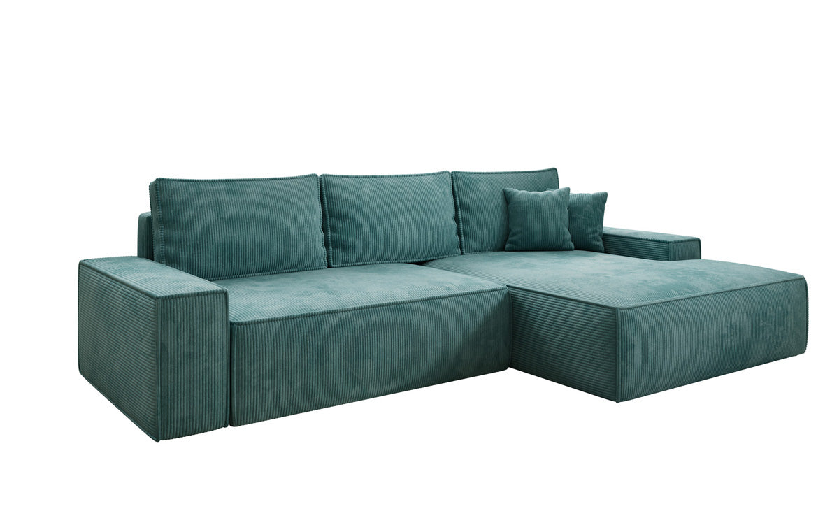 Designer Ecksofa Verona mit breiter Ottomane mit Schlaf- und Klappfunktion in Cord
