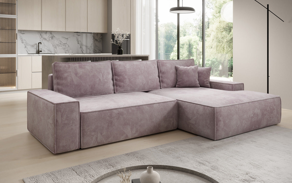 Designer Ecksofa Verona mit breiter Ottomane mit Schlaf- und Klappfunktion in Cord