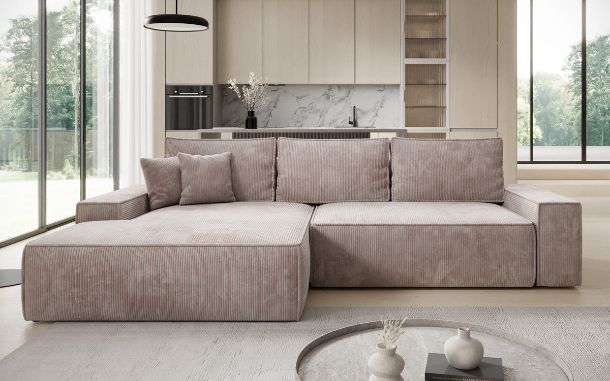 Designer Ecksofa Verona mit breiter Ottomane mit Schlaf- und Klappfunktion in Cord