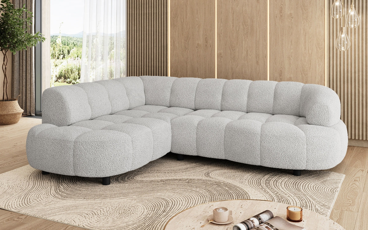 Designer Sofa Olivia Mini in Teddy Bouclé mit elektrischer Sitzerweiterung