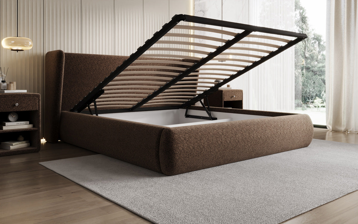 Designer Polsterbett Rosalie in Strukturstoff mit Stauraum