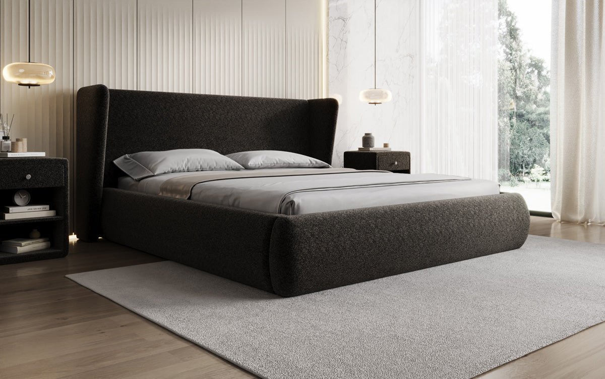 Designer Polsterbett Rosalie in Strukturstoff mit Stauraum
