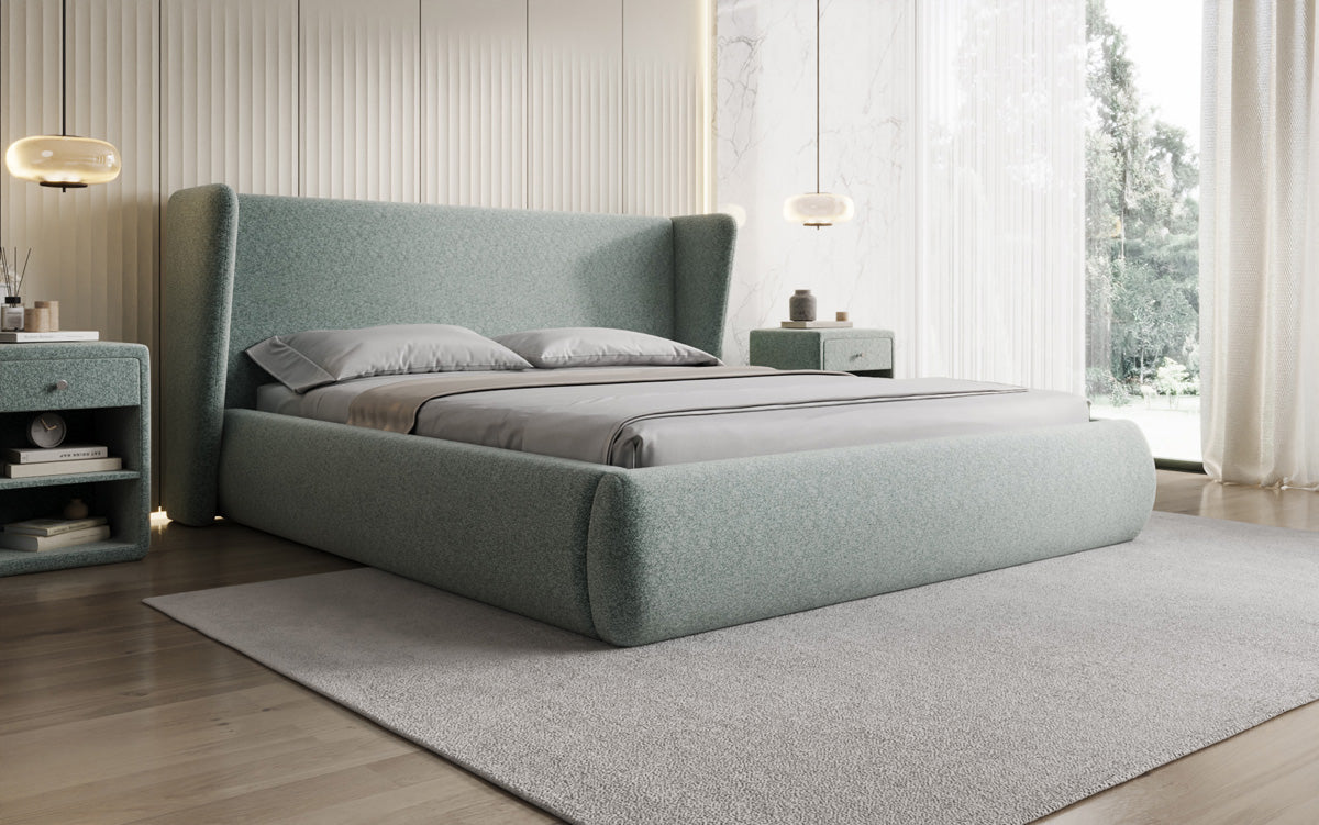 Designer Polsterbett Rosalie in Strukturstoff mit Stauraum