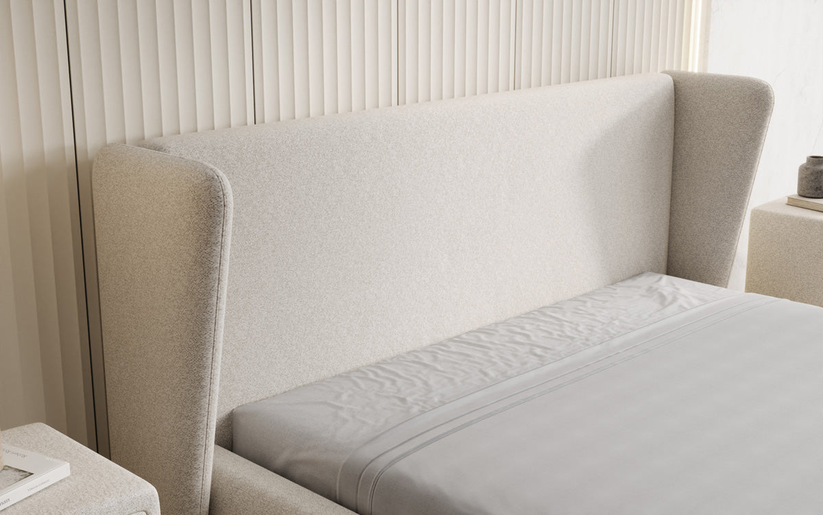 Designer Polsterbett Rosalie in Strukturstoff mit Stauraum