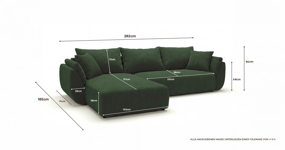 Designer Sofa Lenoa L mit Schlaf- und Klappfunktion in Cord
