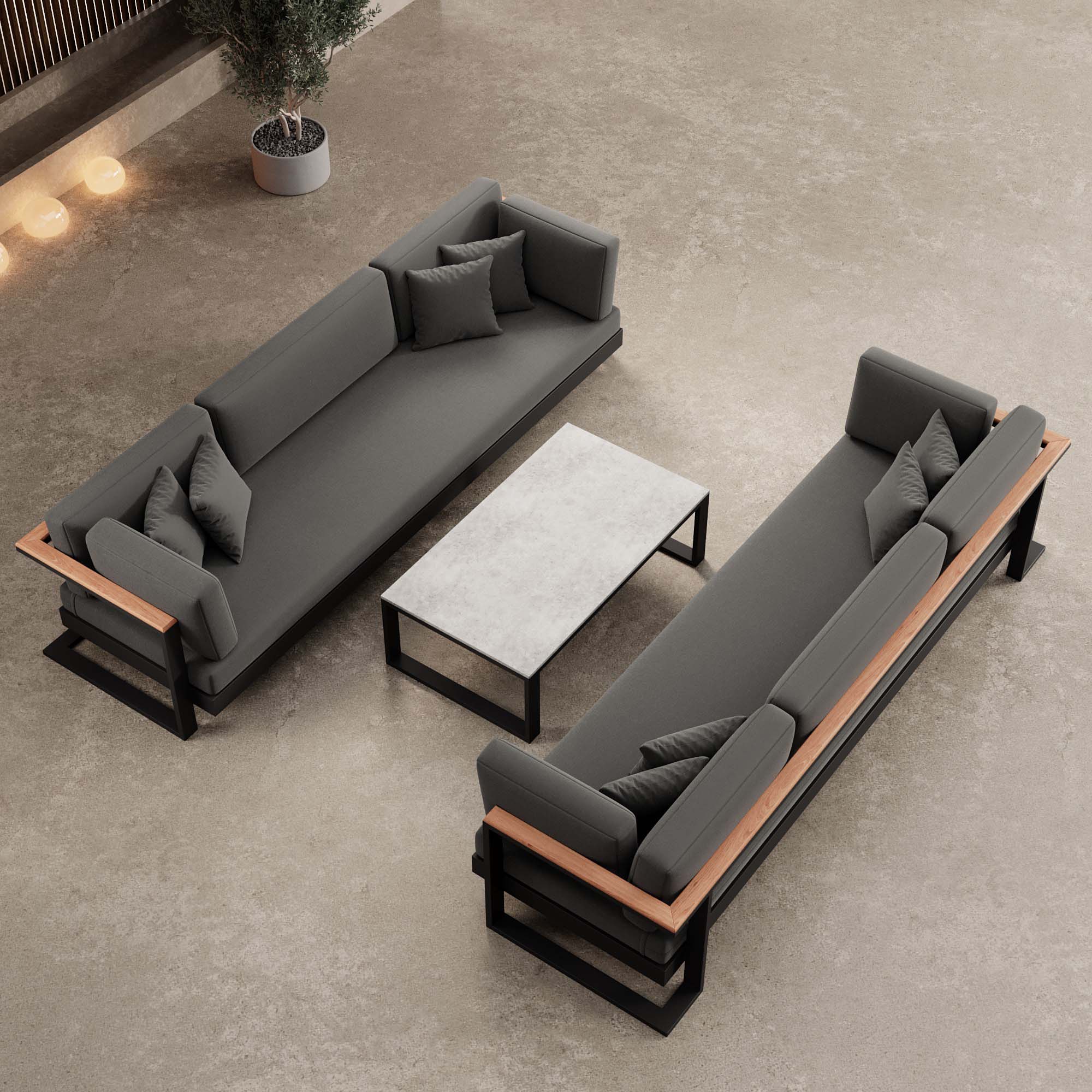 Vayla – 2 Dreisitzer & Tisch aus schwarzem Aluminium | Aevora™ Kollektion