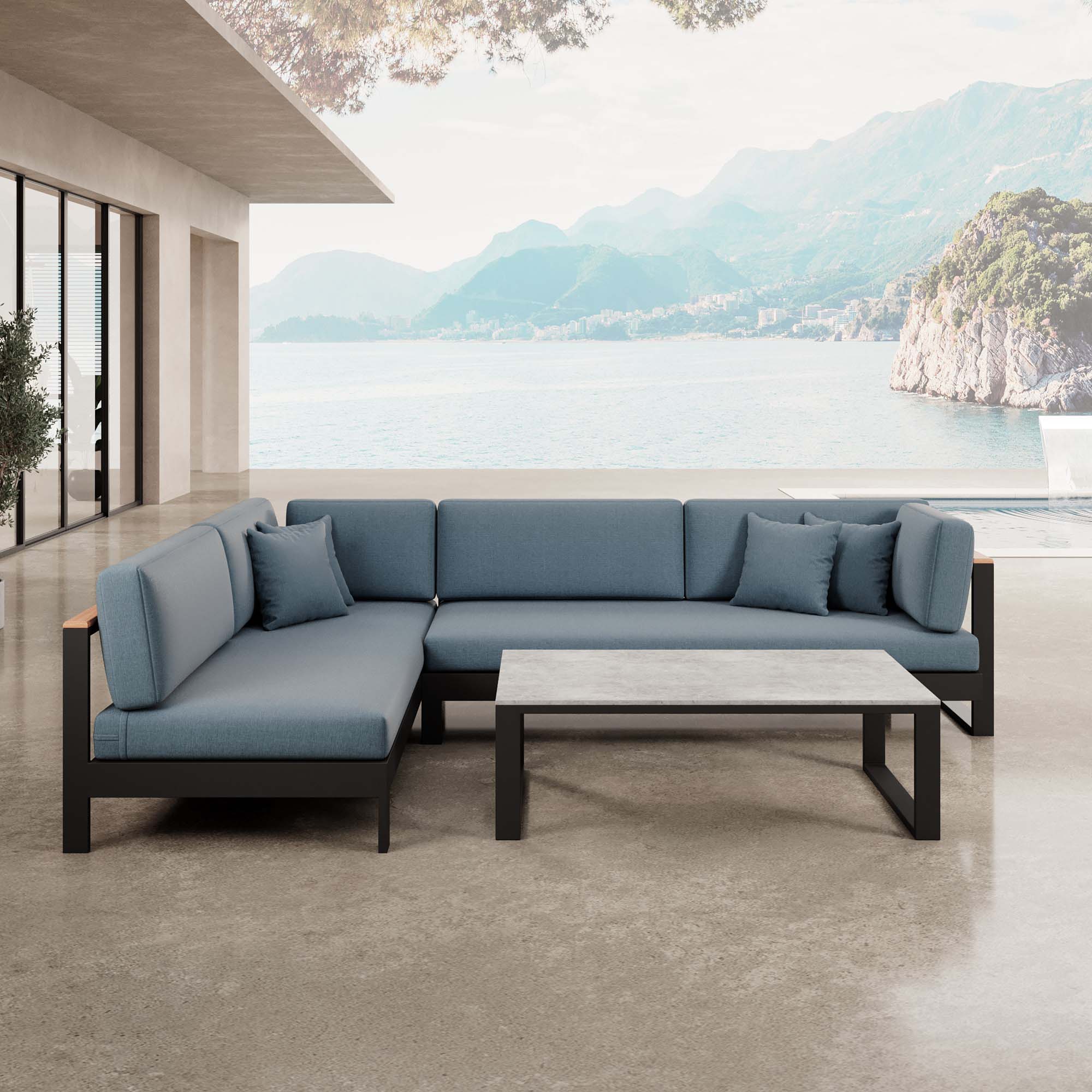 Vayla – Ecklounge, Ecksofa & Tisch aus schwarzem Aluminium | Aevora™ Kollektion