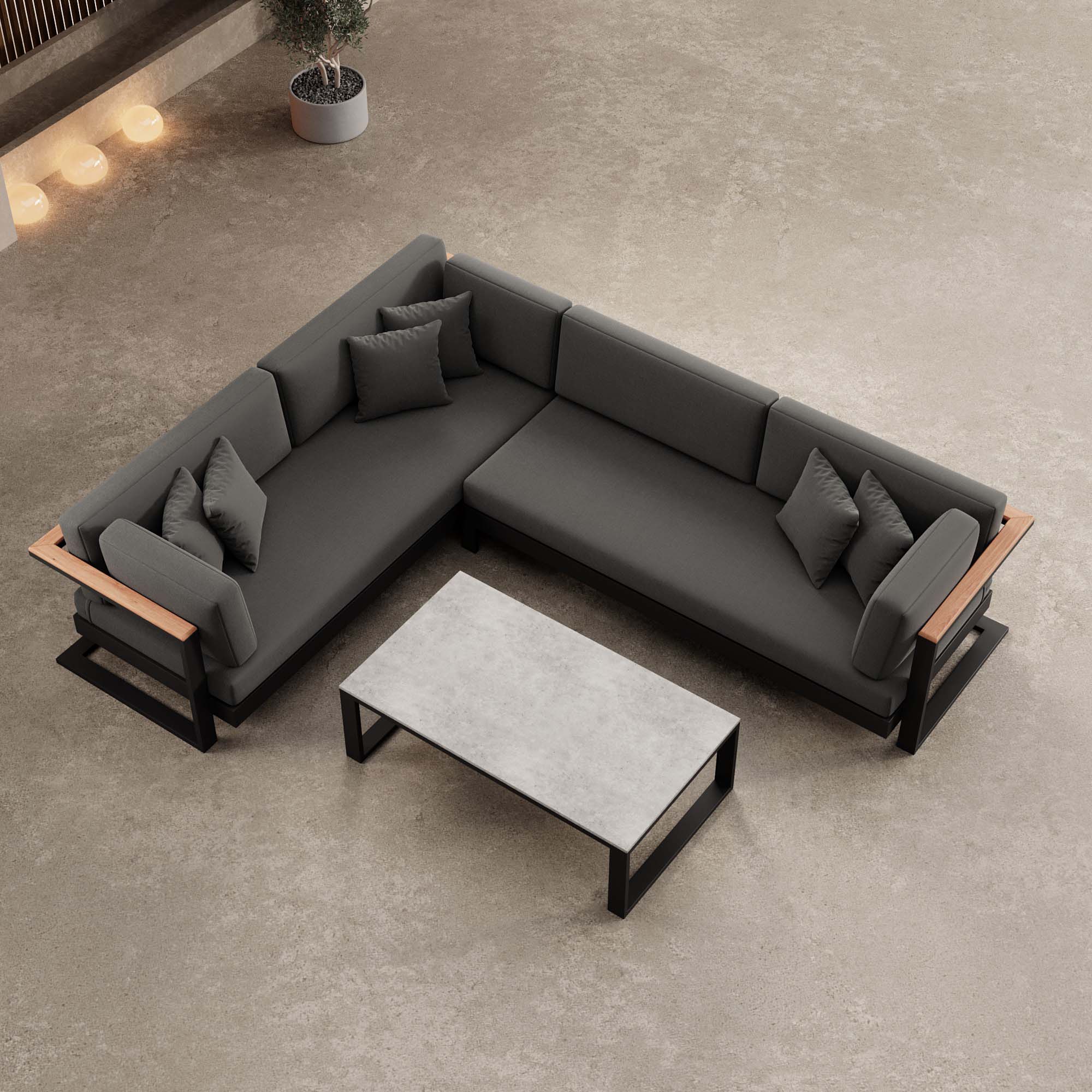 Vayla – L-Form Outdoor Sofa & Tisch in schwarzem Aluminium | Aevora™ Kollektion