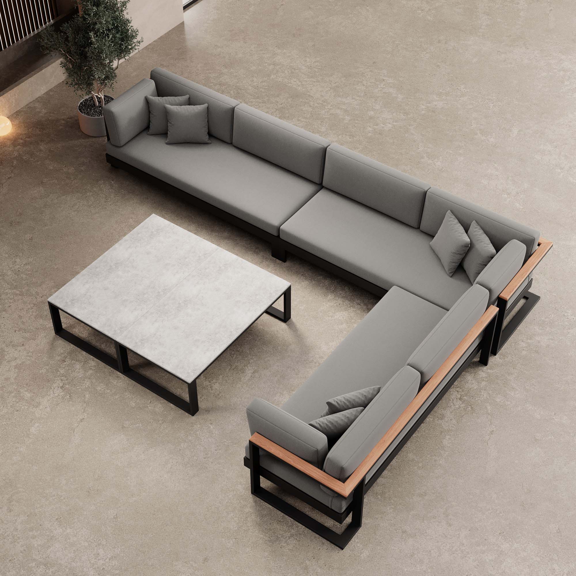 Vayla – Wohnlandschaft mit Doppeltisch & Ecksofa aus schwarzem Aluminium | Aevora™ Kollektion