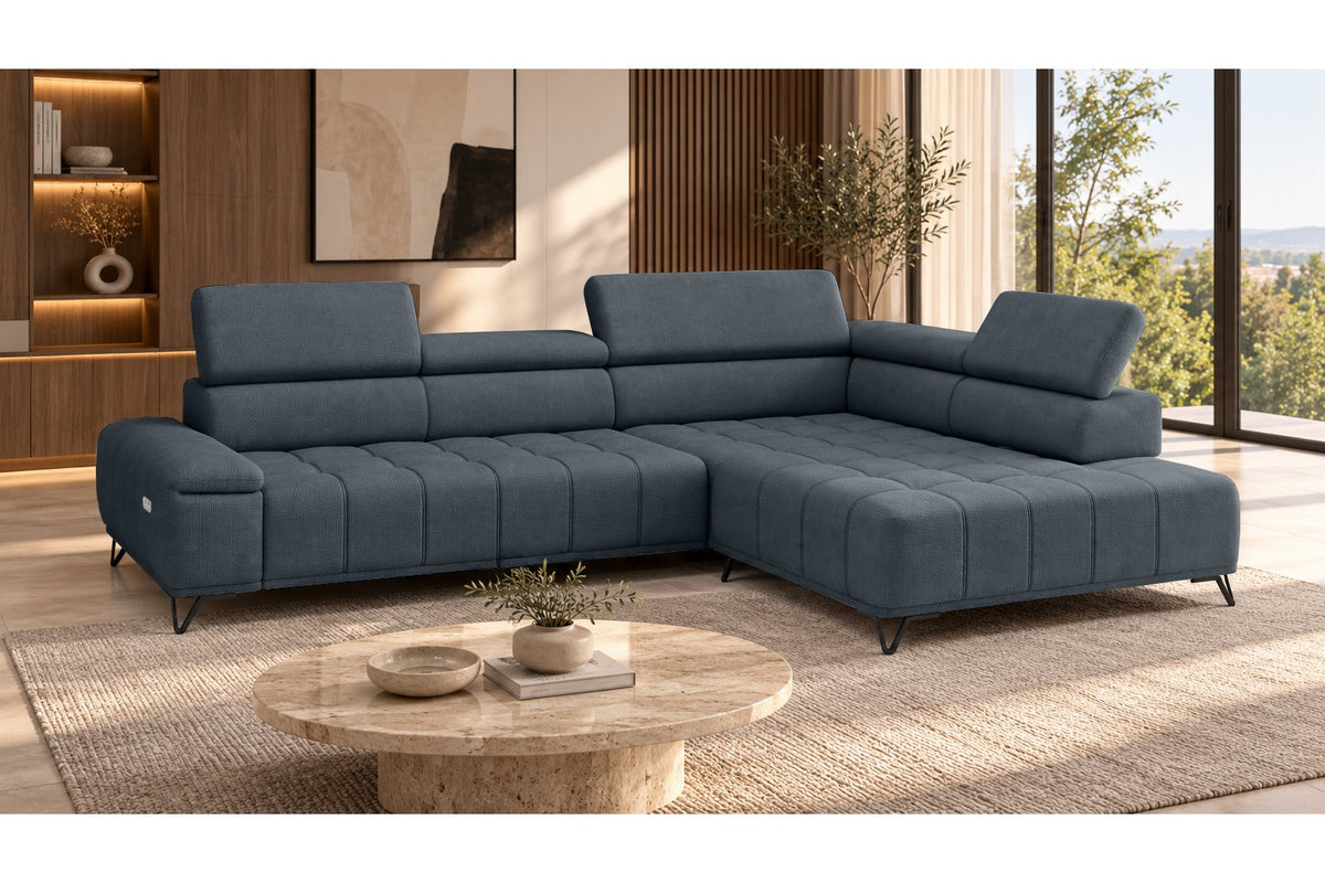 Ecksofa Volo in Chenille Blau, Ottomane rechts – Ansicht 2
