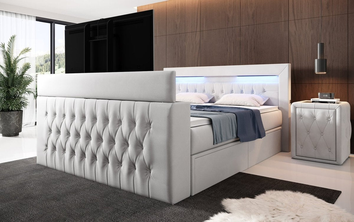 Boxspringbett Menzogna mit TV Lift, USB und Stauraum (2 Schubladen) - Luxusbetten24