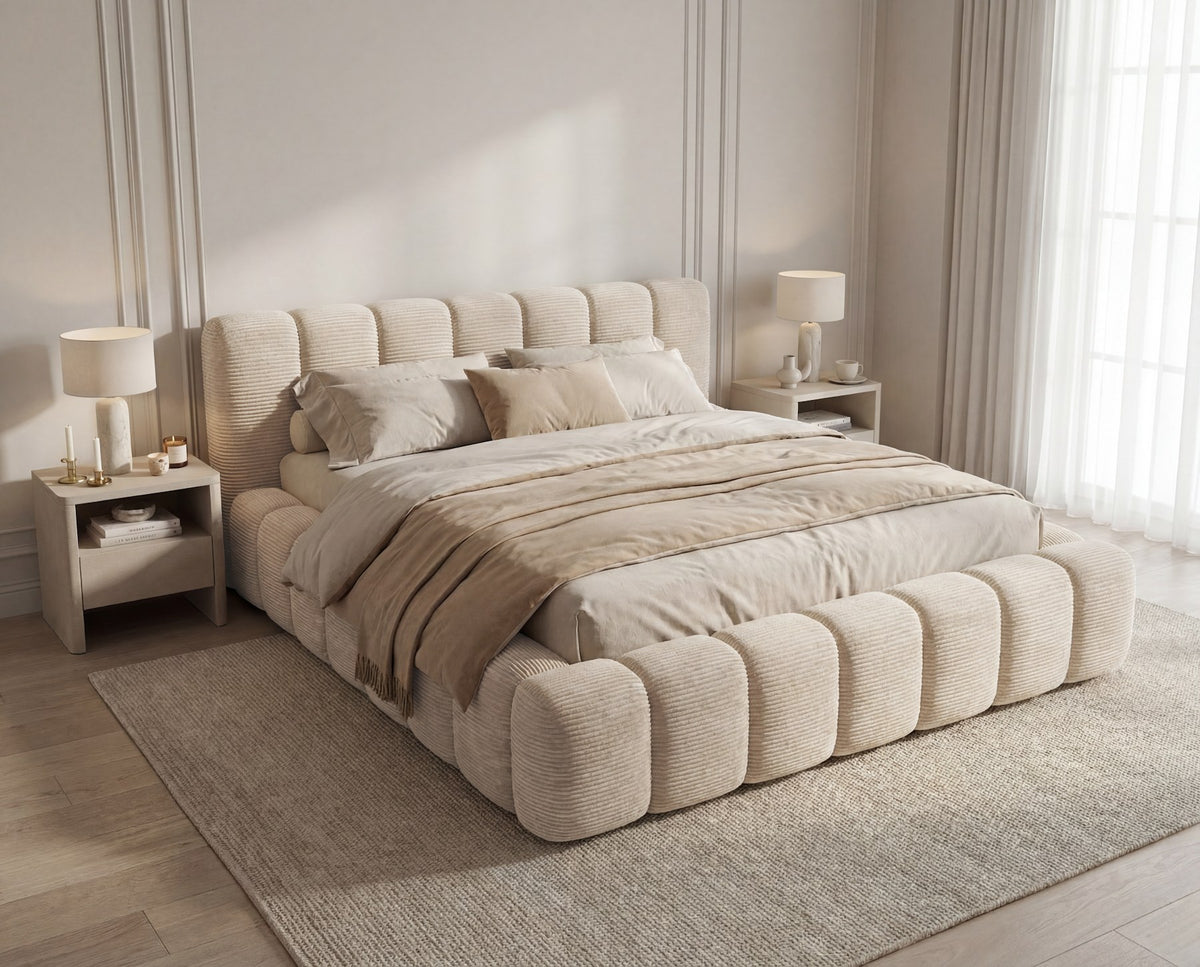 Designer Polsterbett Como in Cord mit Stauraum – Beige