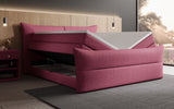 Boxspringbett Elea Leinen-Optik in Bordeaux (Beverly 14) – Stauraum geöffnet