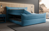 Boxspringbett Elea Leinen-Optik in Blau (Beverly 20) – Stauraum geöffnet seitlich