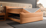 Boxspringbett Elea Leinen-Optik in Amber (Beverly 7) – Stauraum geöffnet