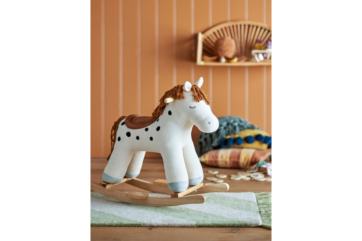 Kinder Schaukelpferd Klaudi - weißes Pferd mit schwarzen Punkten aus Holz & Stoff