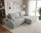 Designer Ecksofa Pino in Samt mit Schlaffunktion & Stauraum – Hellgrau – Rechts