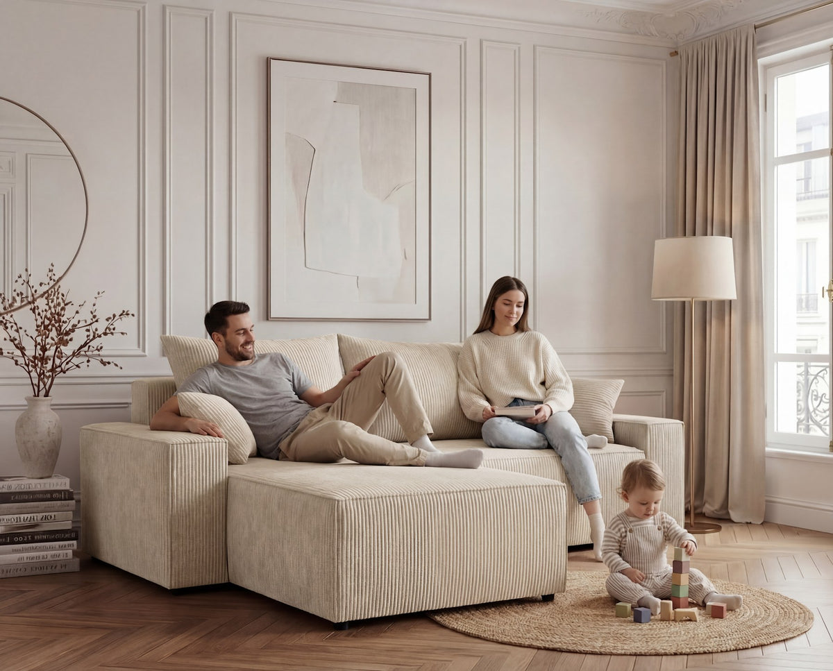 Designer Ecksofa Rino in Cord mit Schlaffunktion & Stauraum – Beige – Rechts