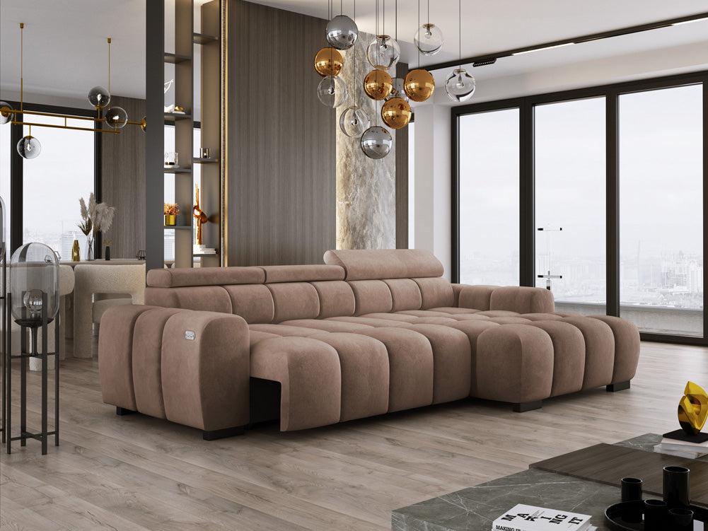 Designer Sofa Amalfi in Samt mit elektrischer Sitzerweiterung