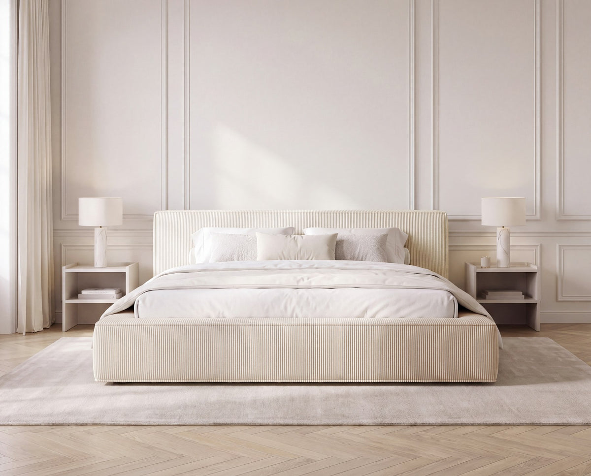 Designer Polsterbett Theo in Cord mit Stauraum – Beige