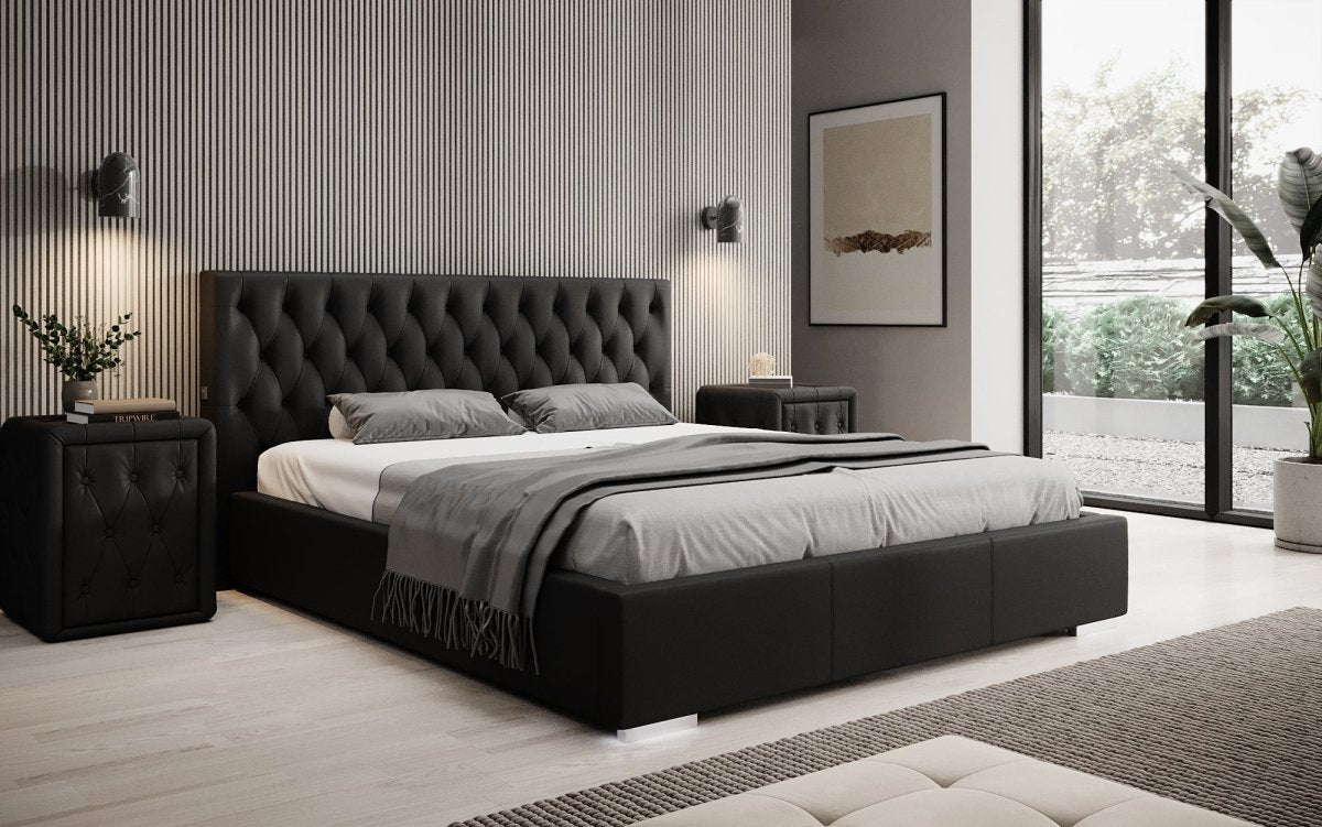 Designer Polsterbett Porto inkl. LED Füßen, USB und Stauraum - Luxusbetten24