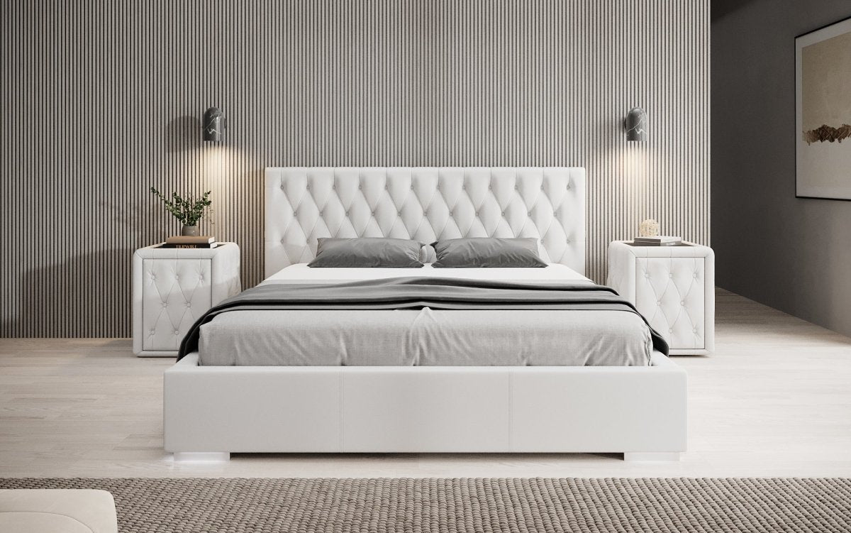 Designer Polsterbett Porto inkl. LED Füßen, USB und Stauraum - Luxusbetten24