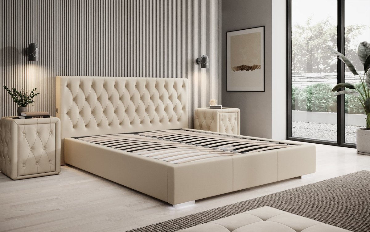 Designer Polsterbett Porto inkl. LED Füßen, USB und Stauraum - Luxusbetten24