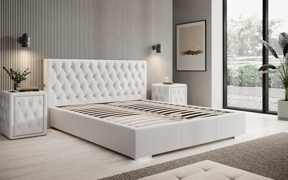 Designer Polsterbett Porto inkl. LED Füßen, USB und Stauraum - Luxusbetten24