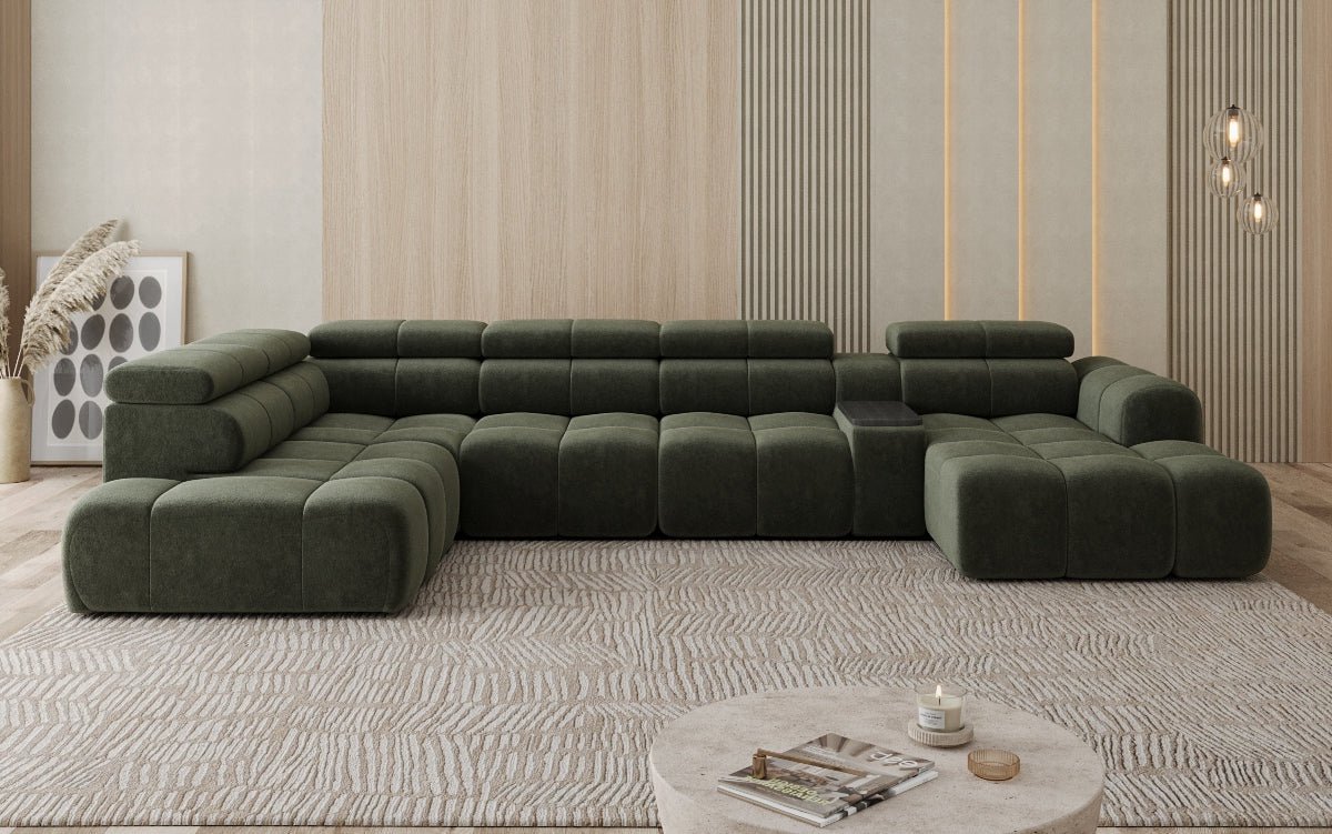 Designer Sofa Wohnlandschaft Mia mit elektrischer Sitzerweiterung in Chenille