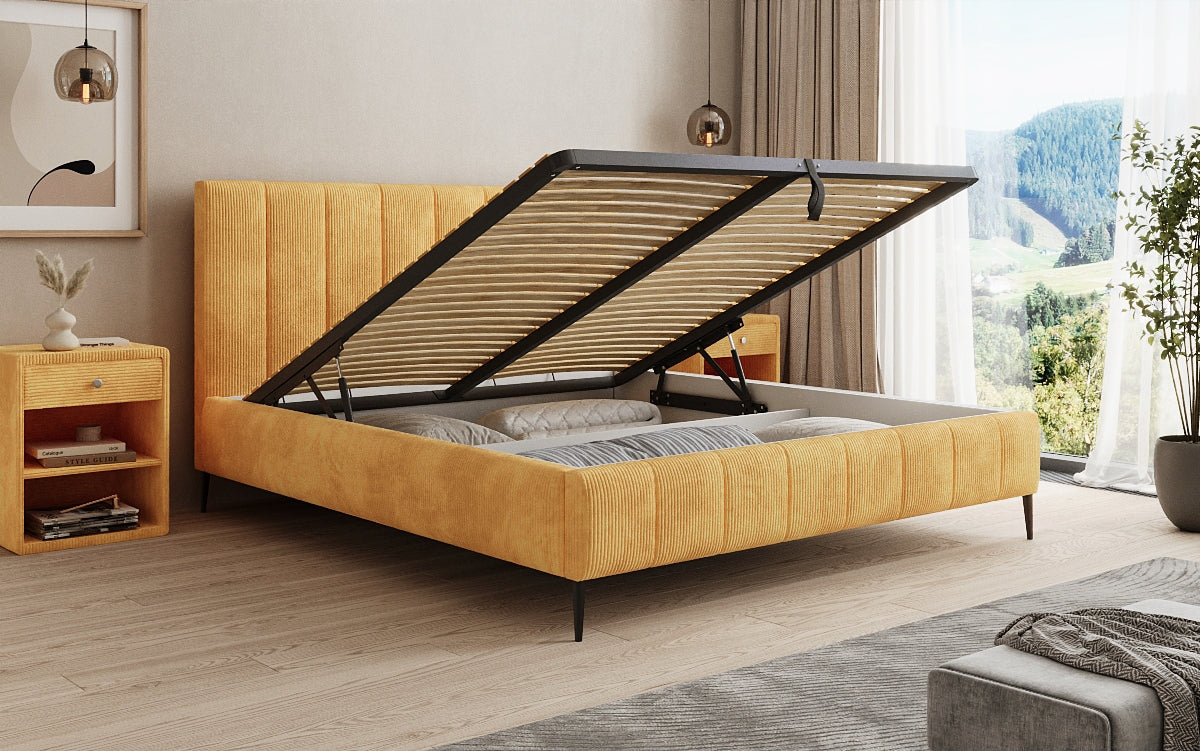 Designer Polsterbett Astrid in Cord mit Stauraum