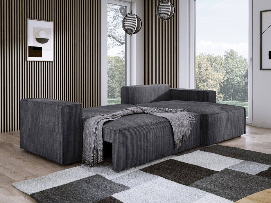 Designer Sofa Velanova mit Schlaffunktion und Stauraum aus Cord