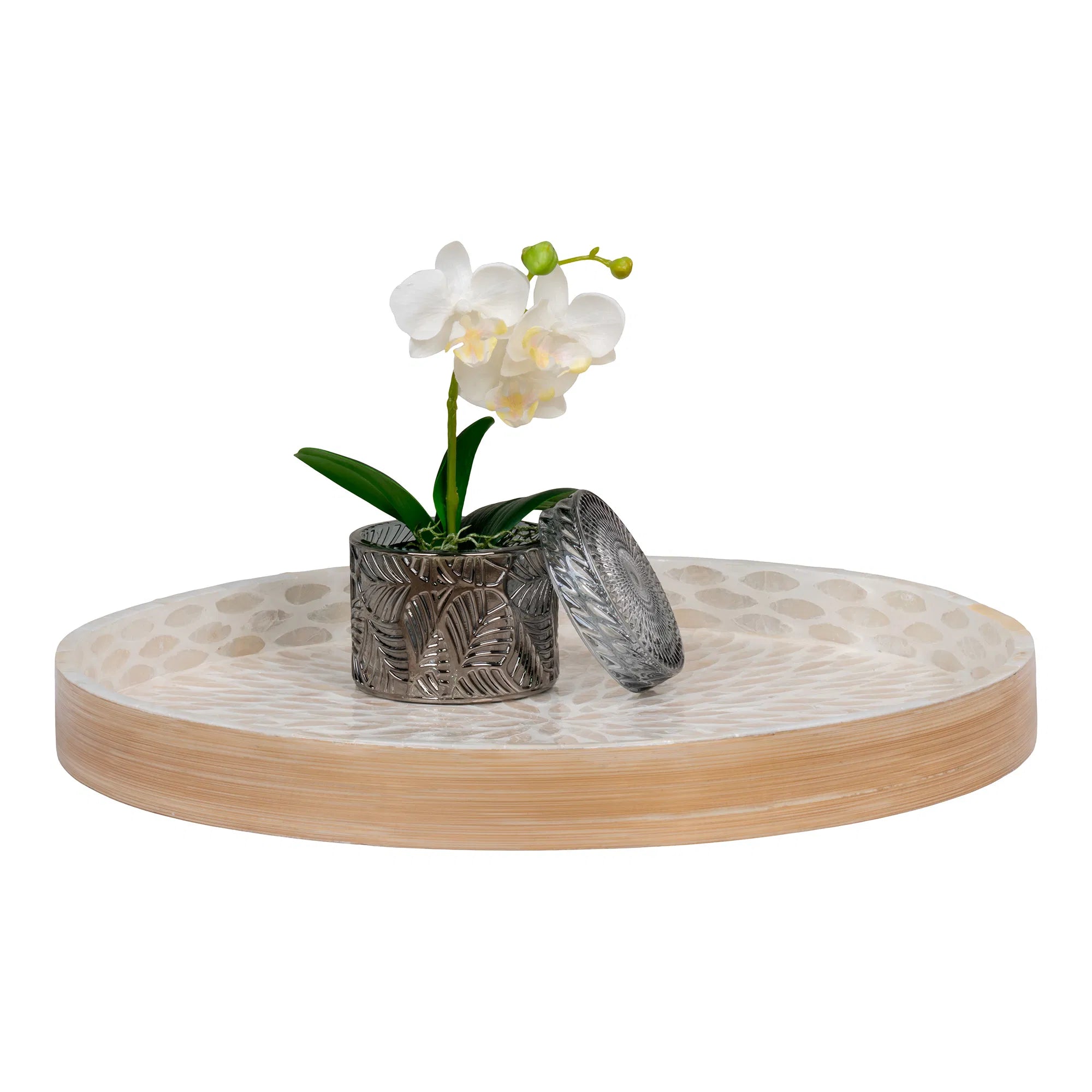 Tablett „Mavira“ – Rundes Bambus-Design mit Capiz-Oberfläche