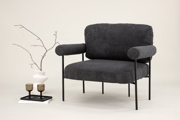 Designer Loungesessel Arvika – Anthrazit, Bouclé mit Stahlgestell