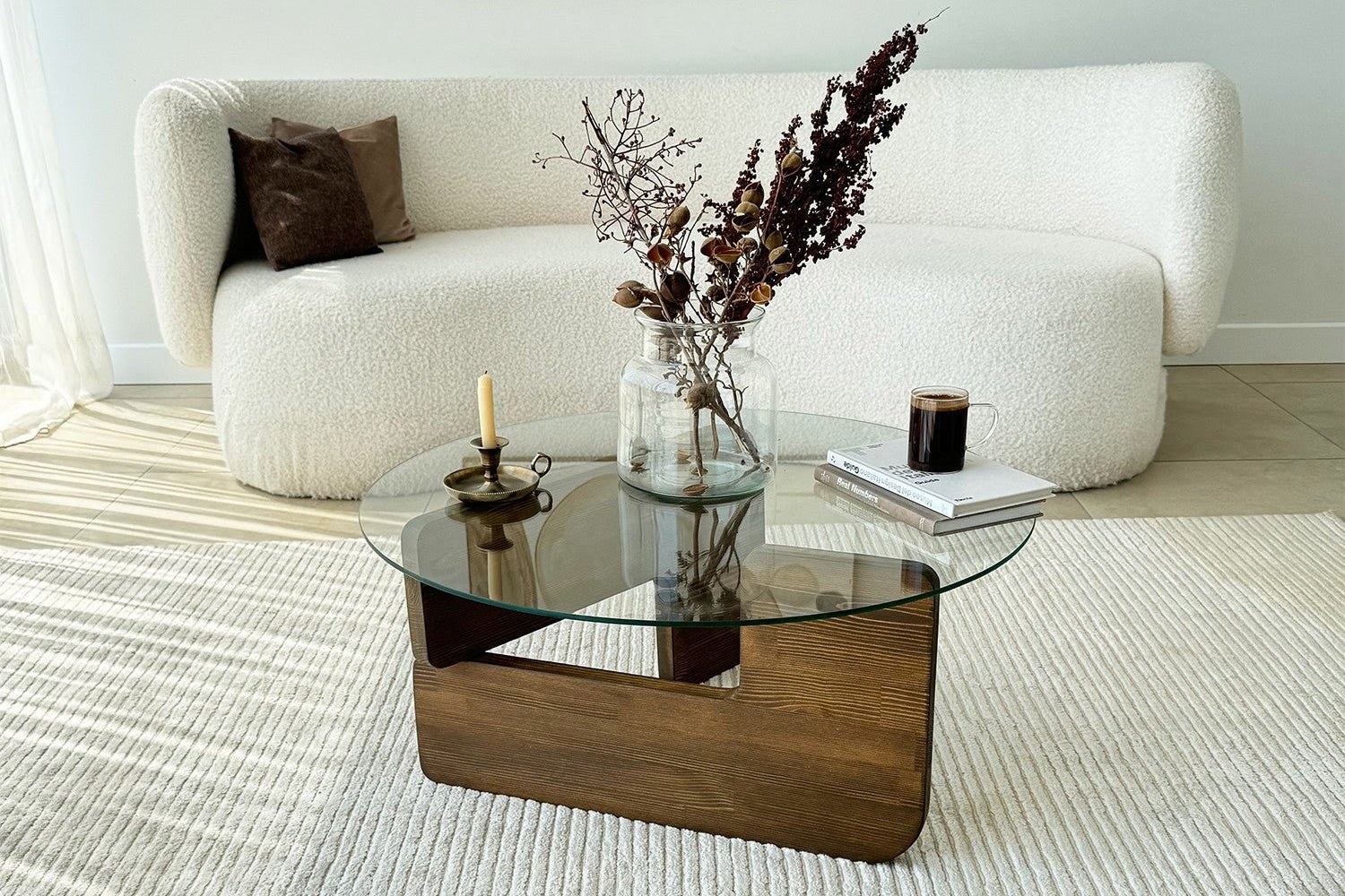 Couchtisch Palvero - mit runder Glasplatte und Kiefernholz