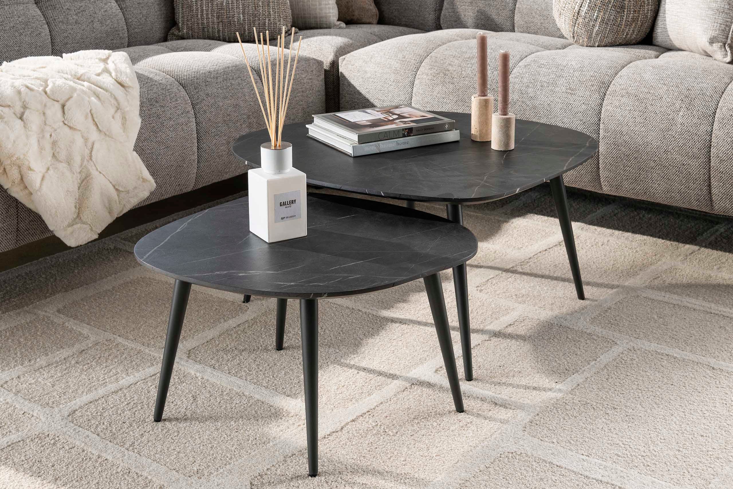 Couchtisch Virelle - 2er Set aus Melamin in Keramikoptik und einem Gestell aus Stahl